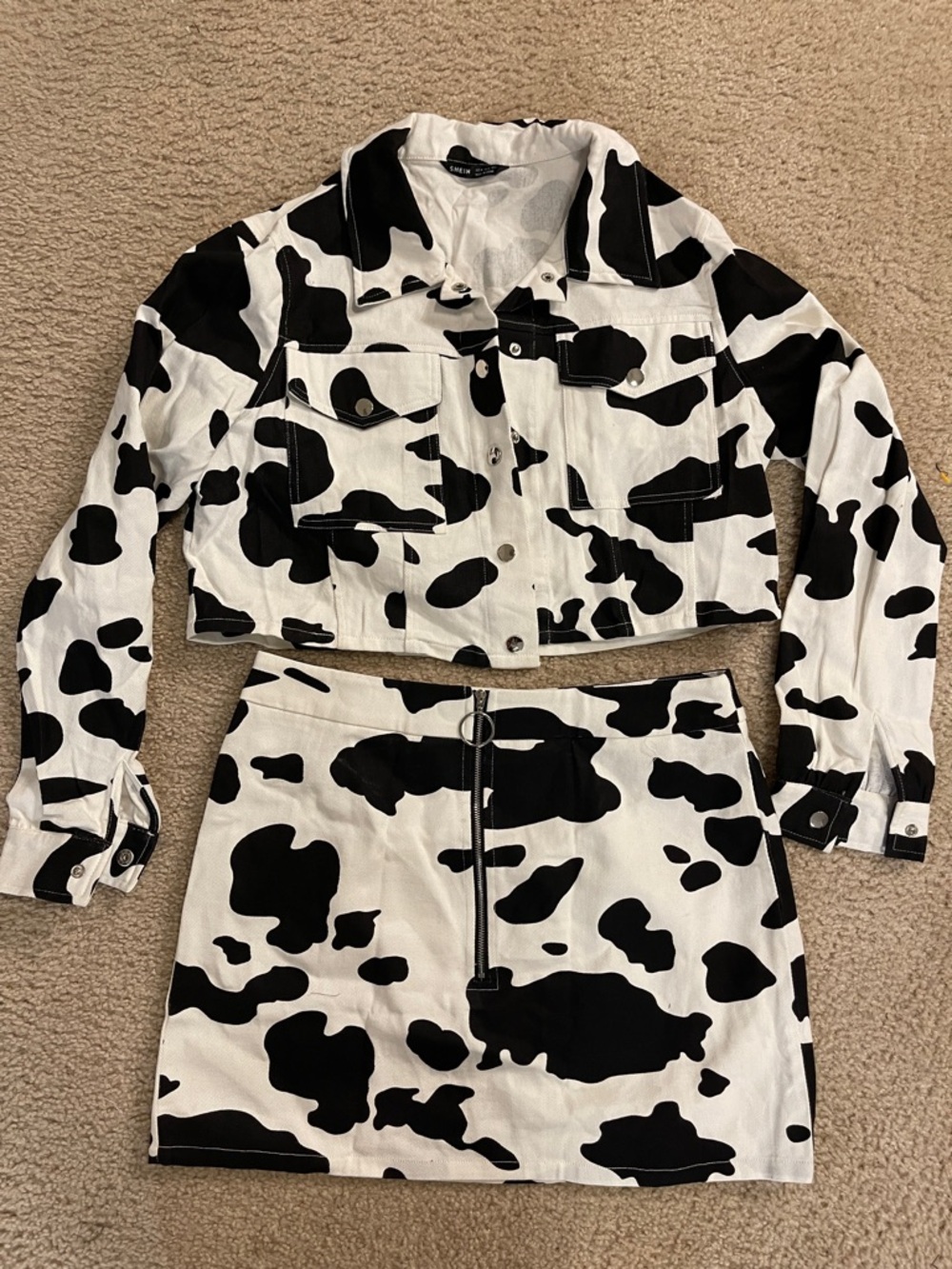 Cow Print Two-Piece Jacket & Skirt Set - Black and White